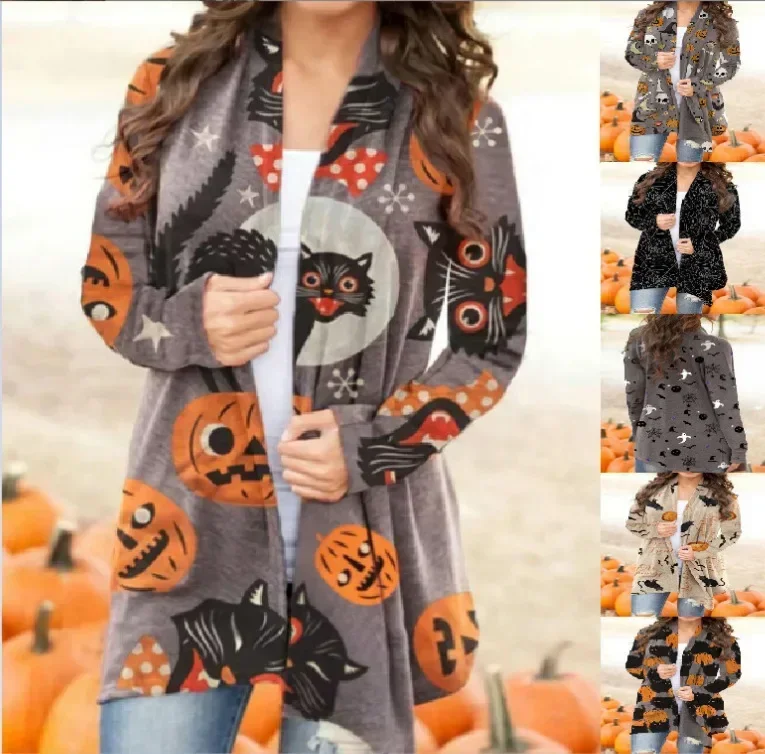 

Halloween Cardigan for Women Pumpkin Knitting Cardigans Long Sleeve Fall Open Front Cardigan Sweaters Outwear Coat