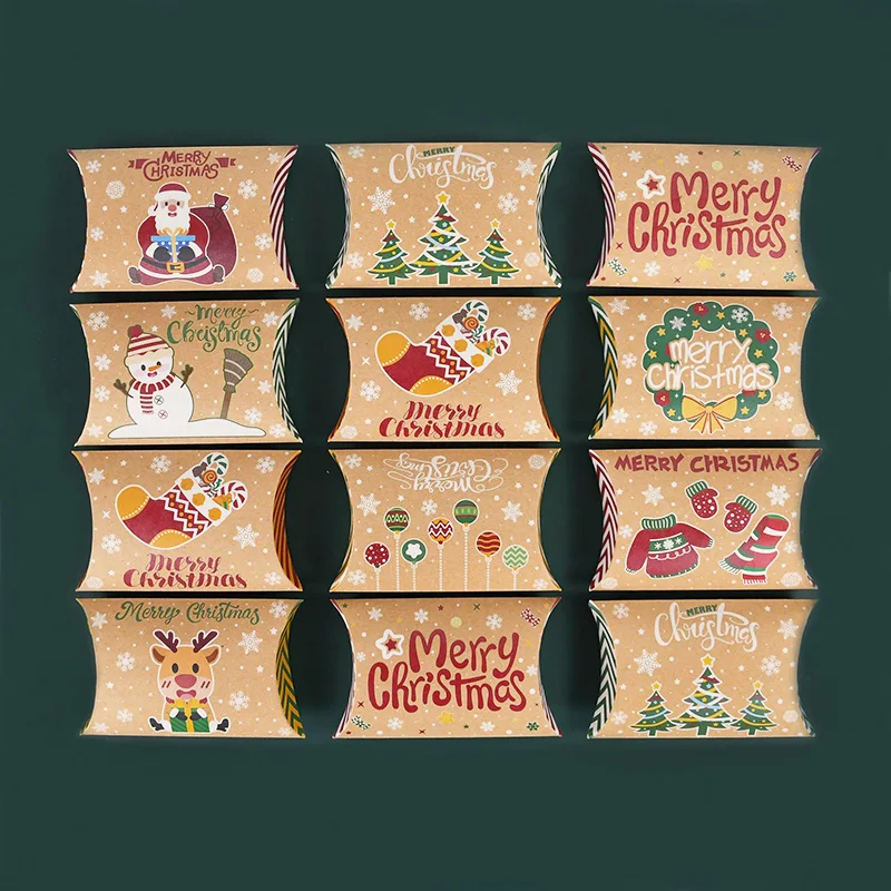 

10pcs Christmas Pillow Candy Box Kraft Paper Xmas Gifts Packaging Boxes Candy Bags Merry Christmas Party Decor Navidad Supplies