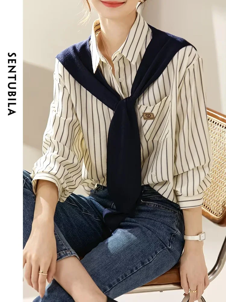 SENTUBILA Women Striped Shirts with Wraps Two Piece Sets 2025 Spring Fashion Long Sleeve Button Up Shirts & Blouses 731C45606