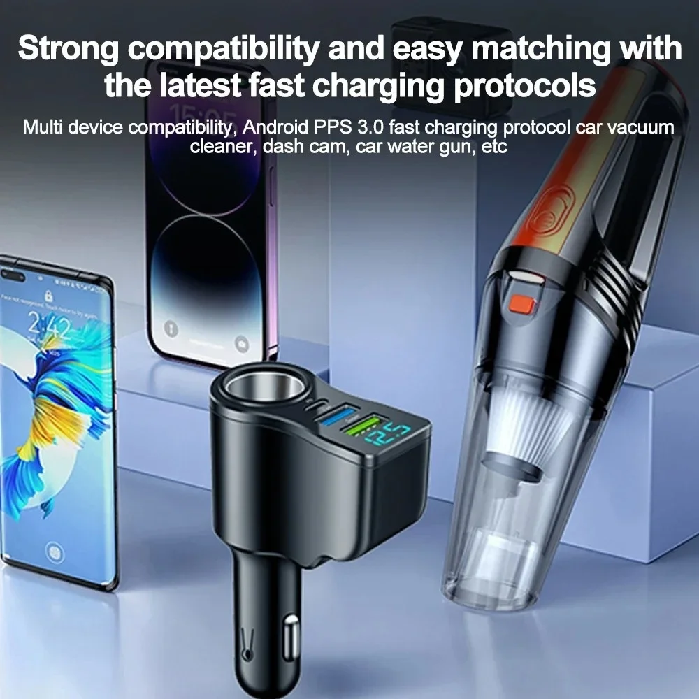 66W 4 In 1 Car Phone Fast Charging Charger Dual USB Type C Ports Cigarette Lighter With Digital Display Multifunctional Charger