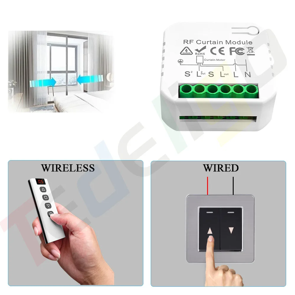 Tedeligo RF Curtain Garage Door Remote Control Switch Module and Wireless 5 in 1 CH Transmitter, 2 Way Control, 110v 220v 16A