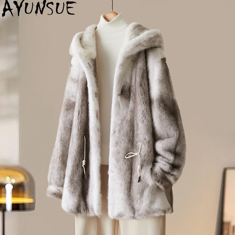 AYUNSUE Natural Mink Fur Coat Woman 2025 Winter Coats Hooded Clothes Women Korean Style Fashion Clothing Woman Pelzmantel Damen