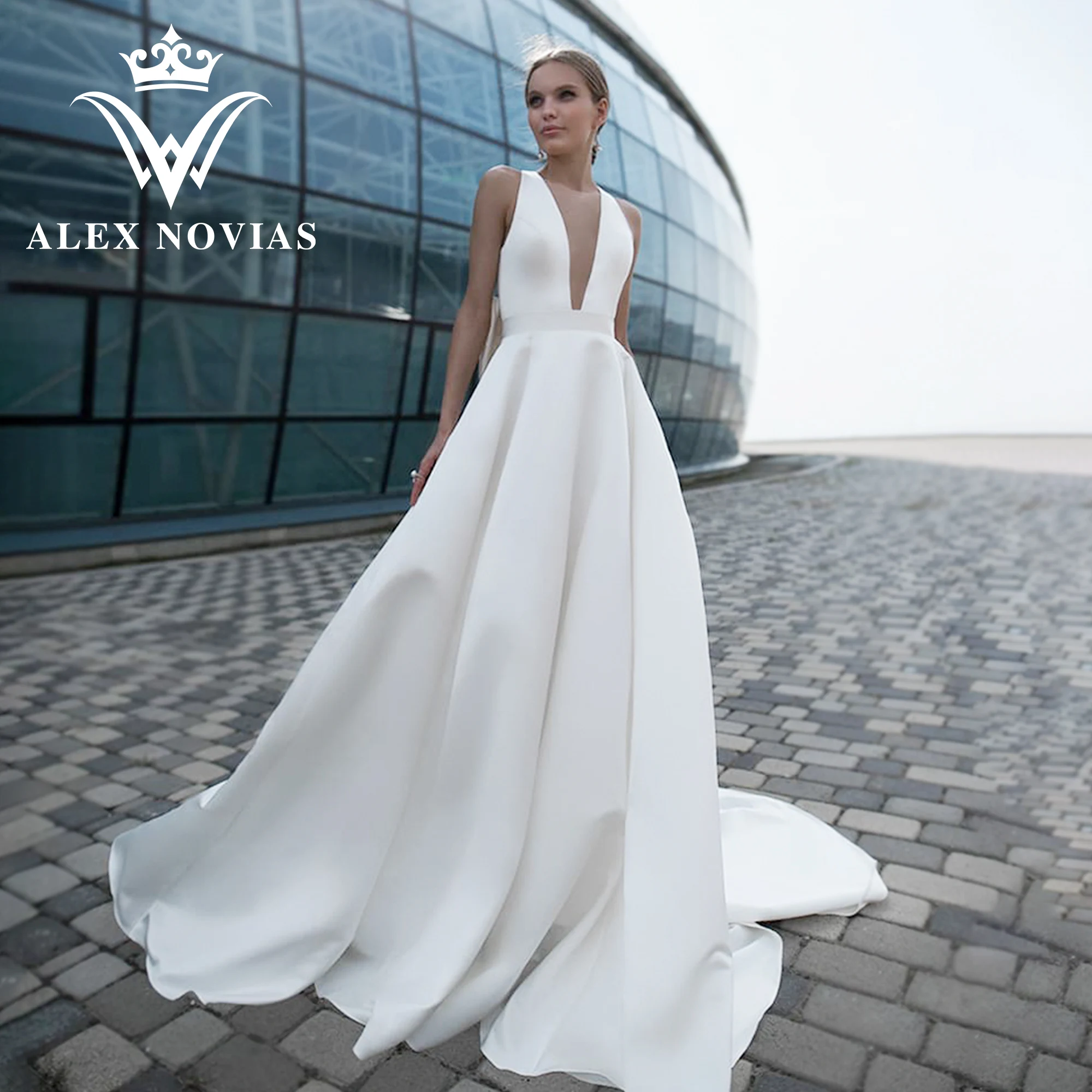 

ALEX NOVIAS A-Line Satin Wedding Dresses High Quality 2023 Deep V-neck Flowy Bow Vintage Wedding Gown Vestidos Novias De Saten