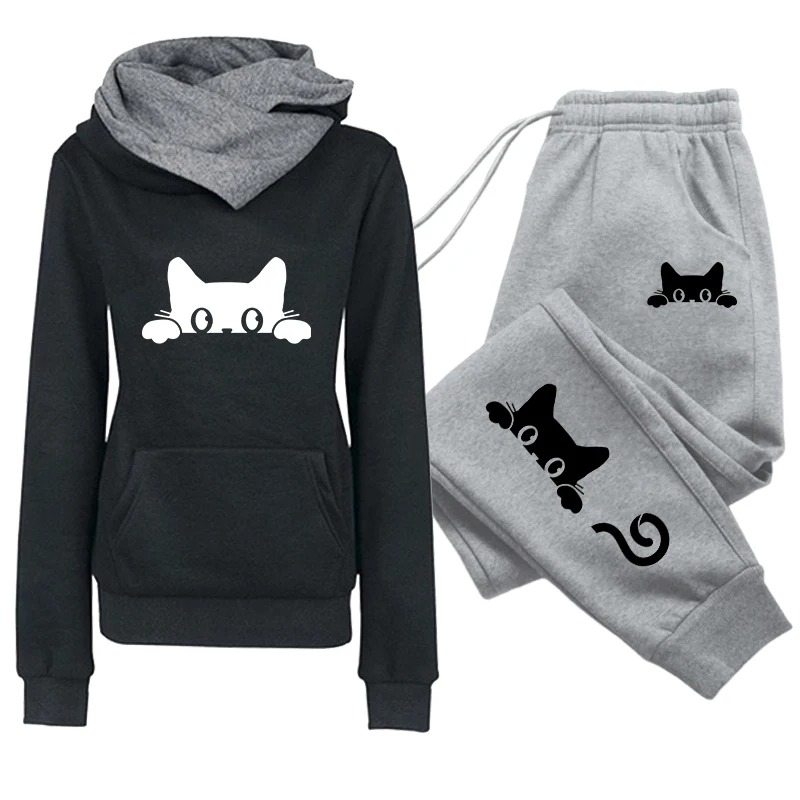 Herbst Winter Damen Alltags-Sportoutfit Damen-Set/Hoodie/Hose 2026 Katzen-Print Trainingsanzug Kapuzenpullover Jogginghose – Detail 1