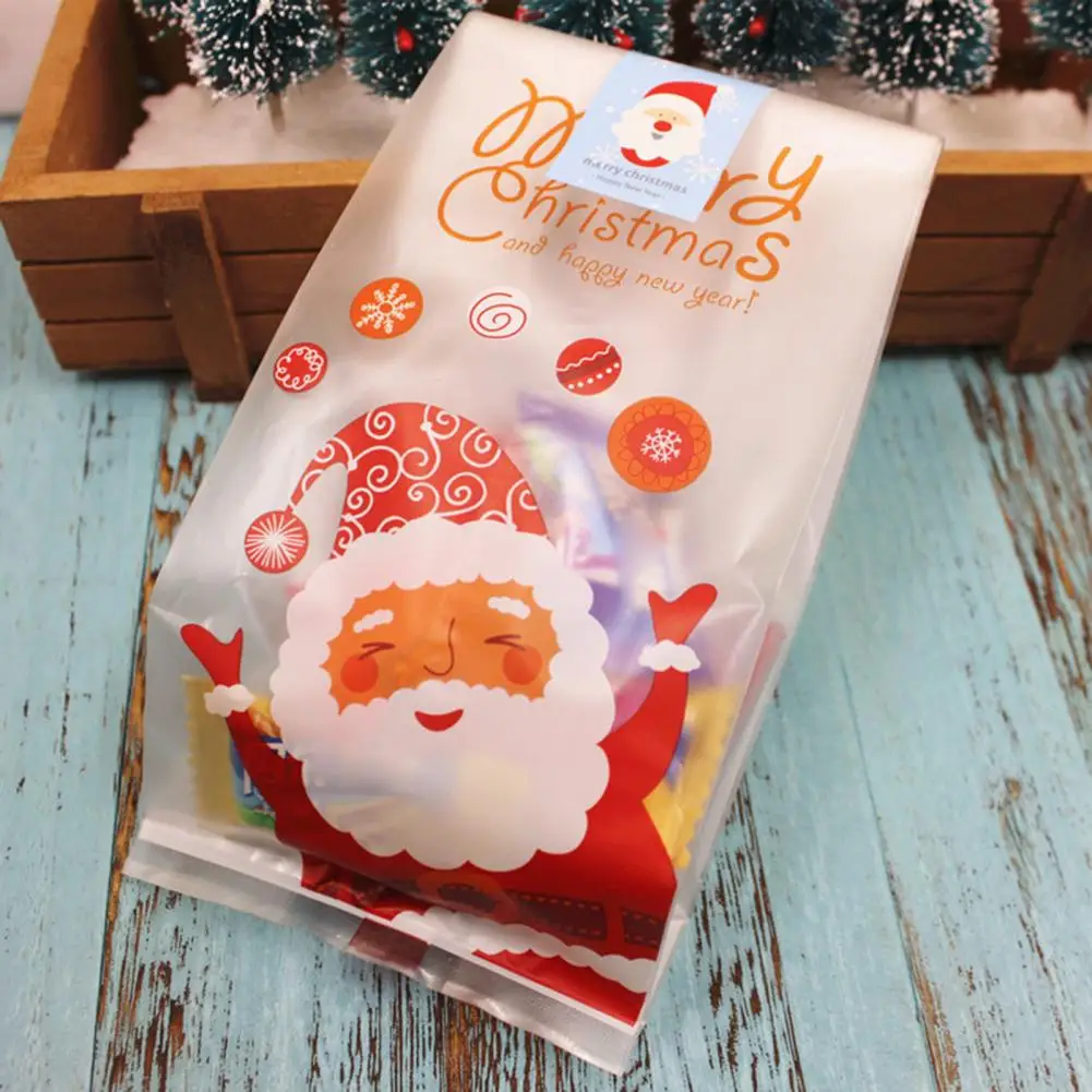 50Pcs Christmas Cookie Bags Snowflake Print Santa Claus Pattern Translucen Package Food New Year Christmas Biscuit Candy Bags