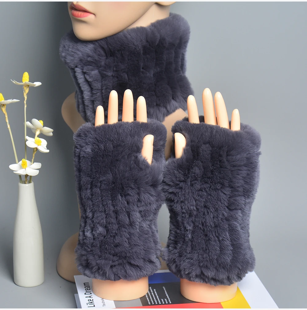 One Set Women Real Rex Rabbit Fur Cuff+Headband Winter Warmer Hat Arm Wrist Sleeve Gloves Female Real Fur Cap+Elastic Wristband