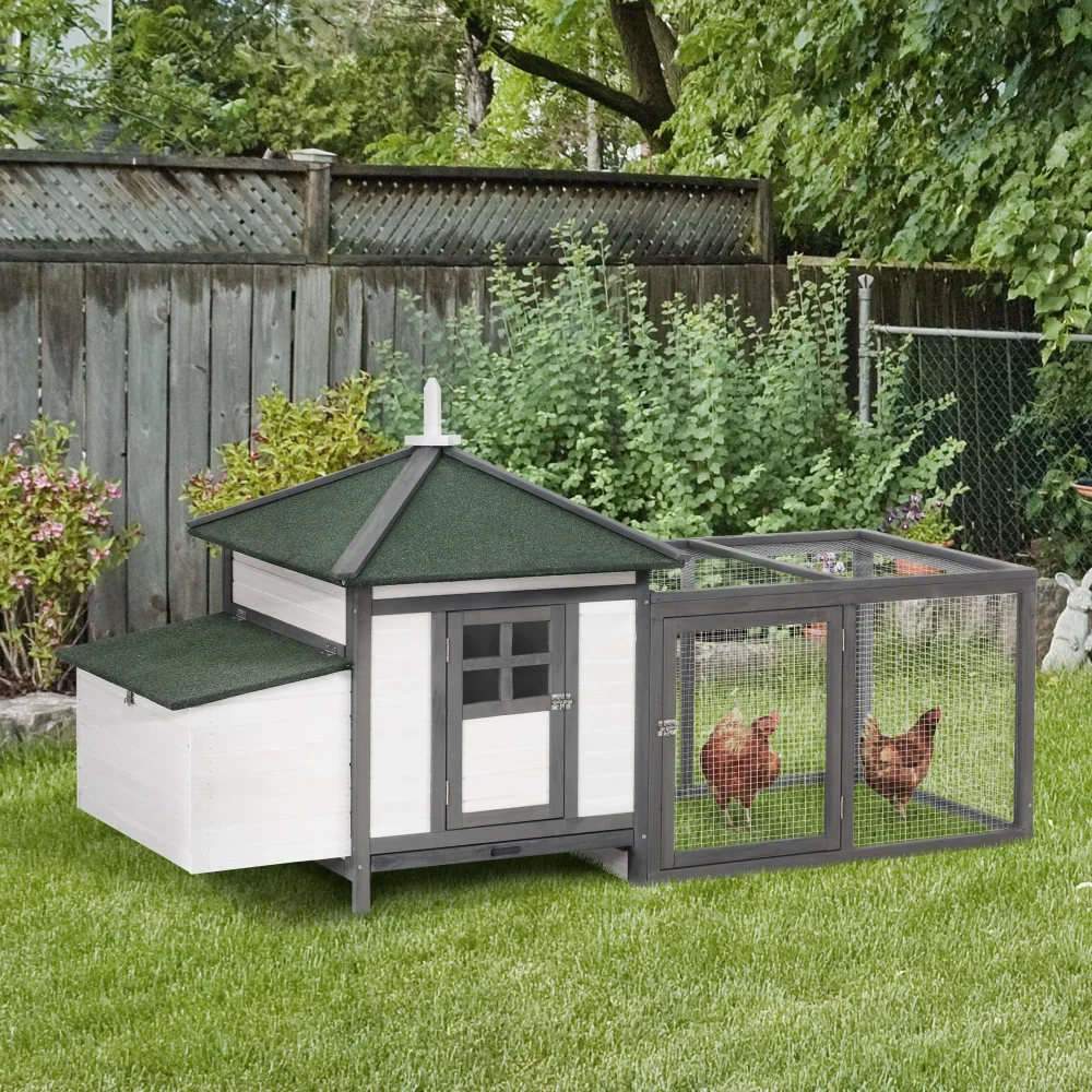

77" Wooden Chicken Coop with Nesting Box, Cute Outdoor Hen House with Removable Tray, Ramp Run,Cages & Accessories