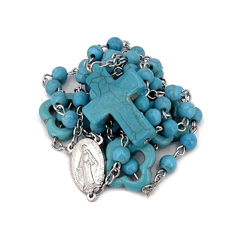 Rosario cattolico in pietra Vintage blu per donna uomo collana con ciondolo croce cristo lungo