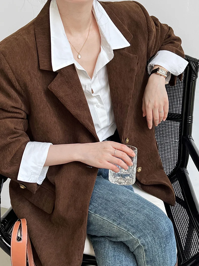 Brown Corduroy Blazer Women's 2026 Spring New Fashion Loose Casual Small Suit Office Lady Blazer Femme Jackets