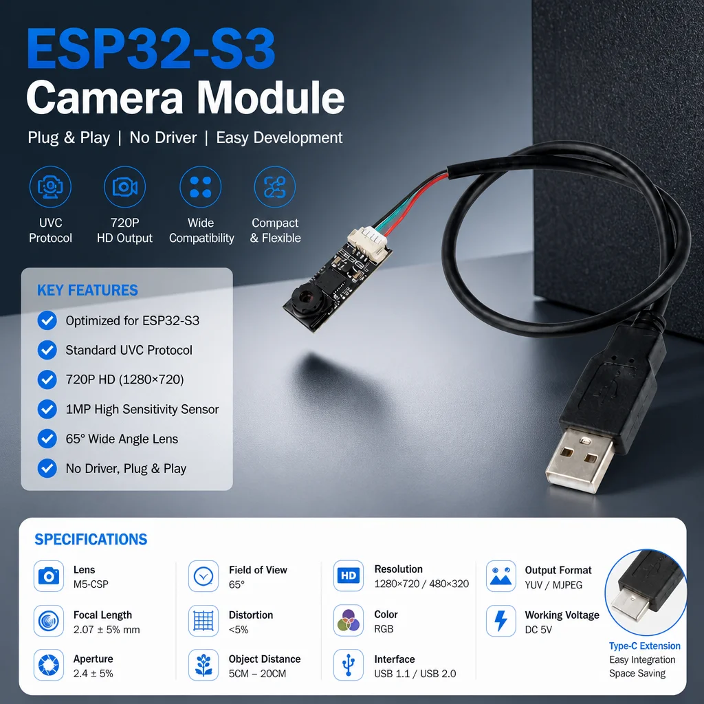 UVC USB Camera Module For ESP32-S3 1MP 720P Resolution 65 Degree Low Distortion Lens DC5V Type C Extension Cable Plug And Play