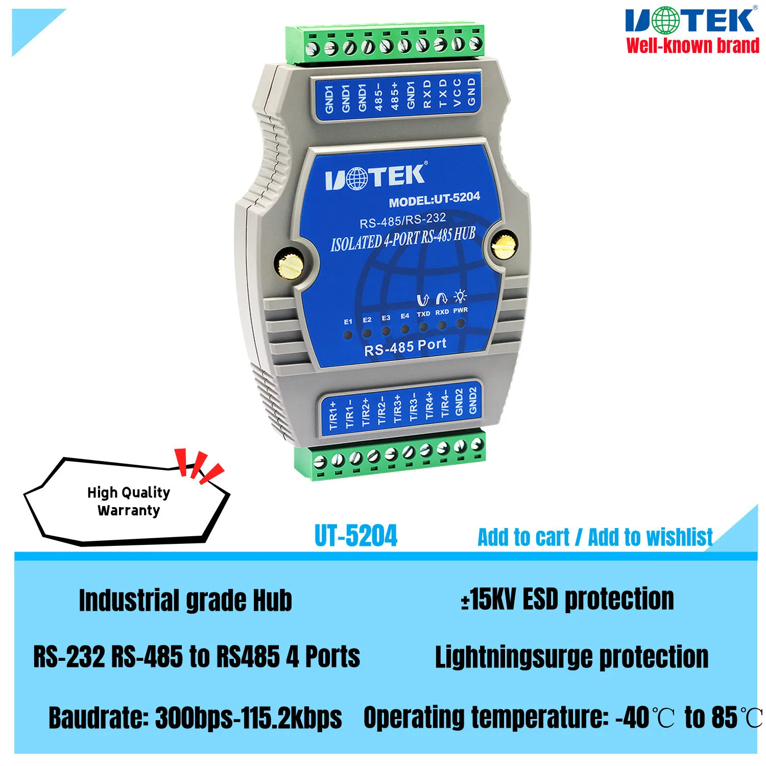 

UOTEK Industrial Grade RS-232 RS-485 to 4 Ports RS485 Hub Adapter Din-Rail with Isolation ESD Lightning Surge Protection UT-5204