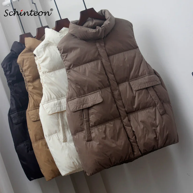 Schinteon Women Ultralight White Duck Down Vest Sleeveless Jacket Waistcoat Gilet Stand Collar Fashion Korean Style 2024 Autumn