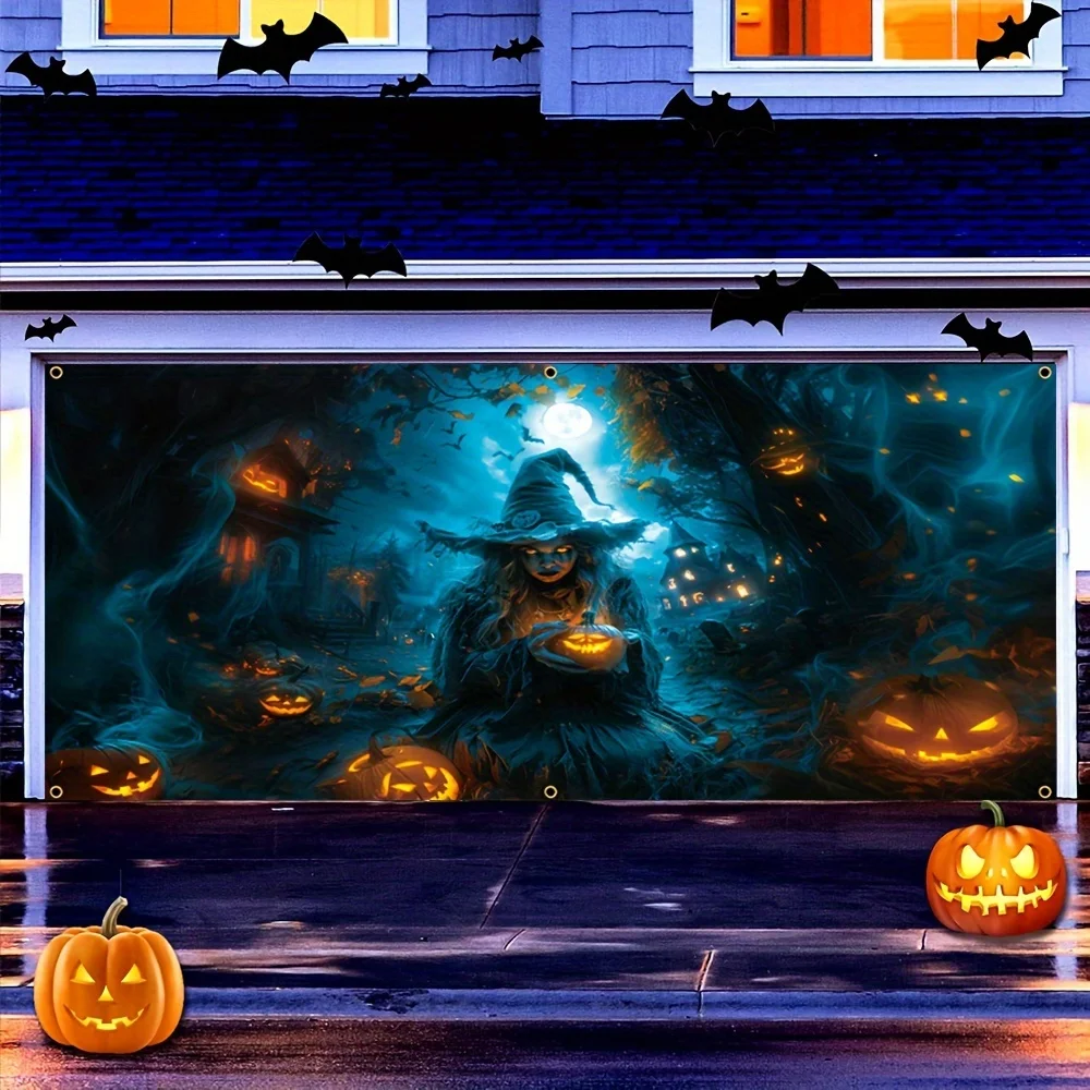 لافتة جراج الهالوين - بوليستر، تصميم فانوس اليقطين لقلعة الساحرة المخيفة، ديكور حفلات الهالوين الليلية