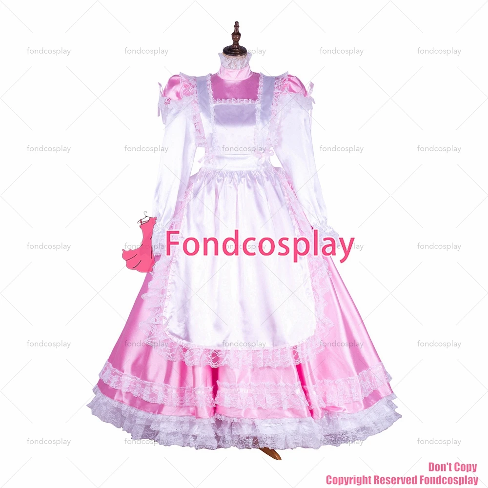 fondcosplay adult sexy cross dressing sissy maid long lockable baby pink satin dress Uniform white apron CD/TV[G1749]