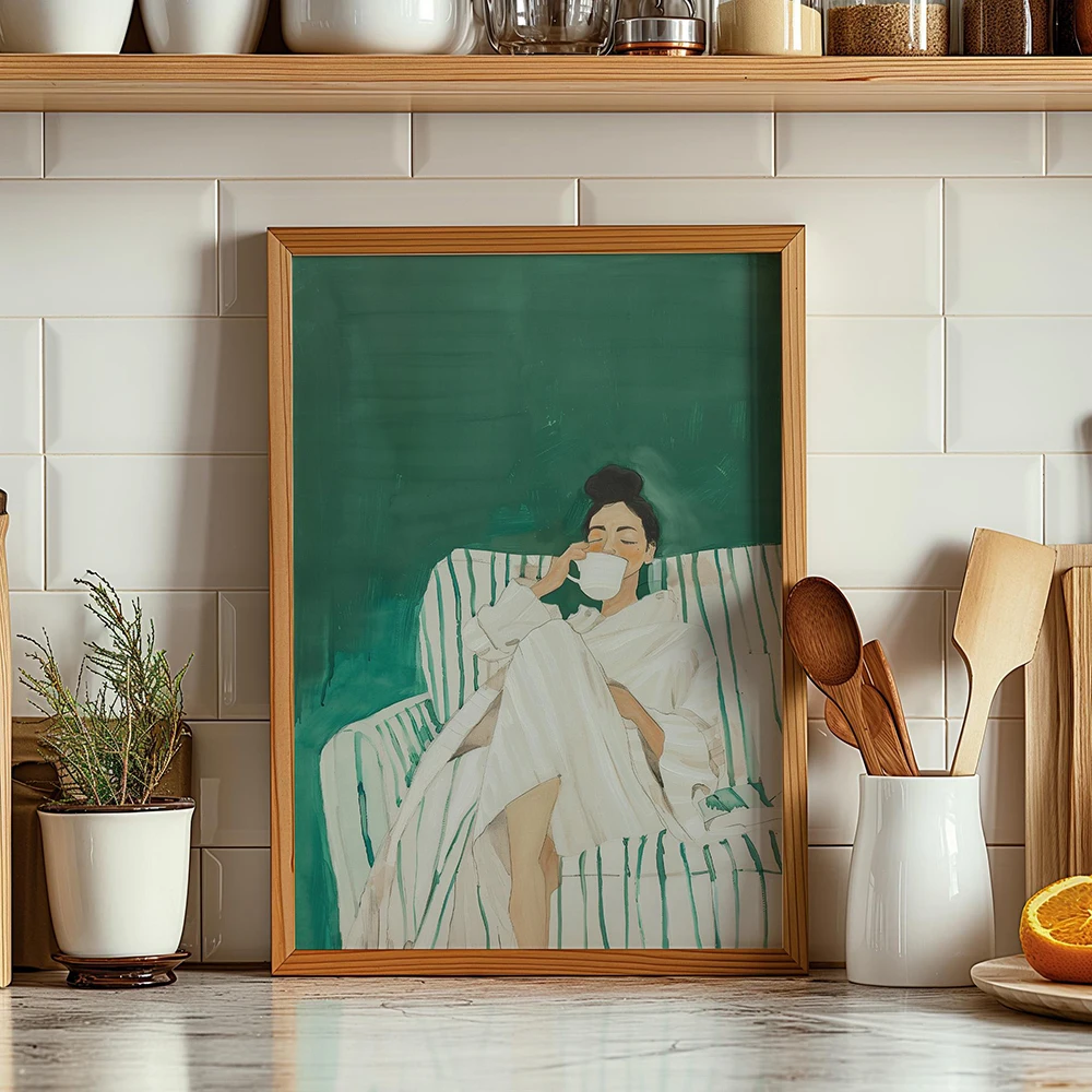 Emerald Green Abstract Stripe Woman Sleeping Poster Modern Minimalist Female Canvas Painting Wall Art Picture Living Room  Decor