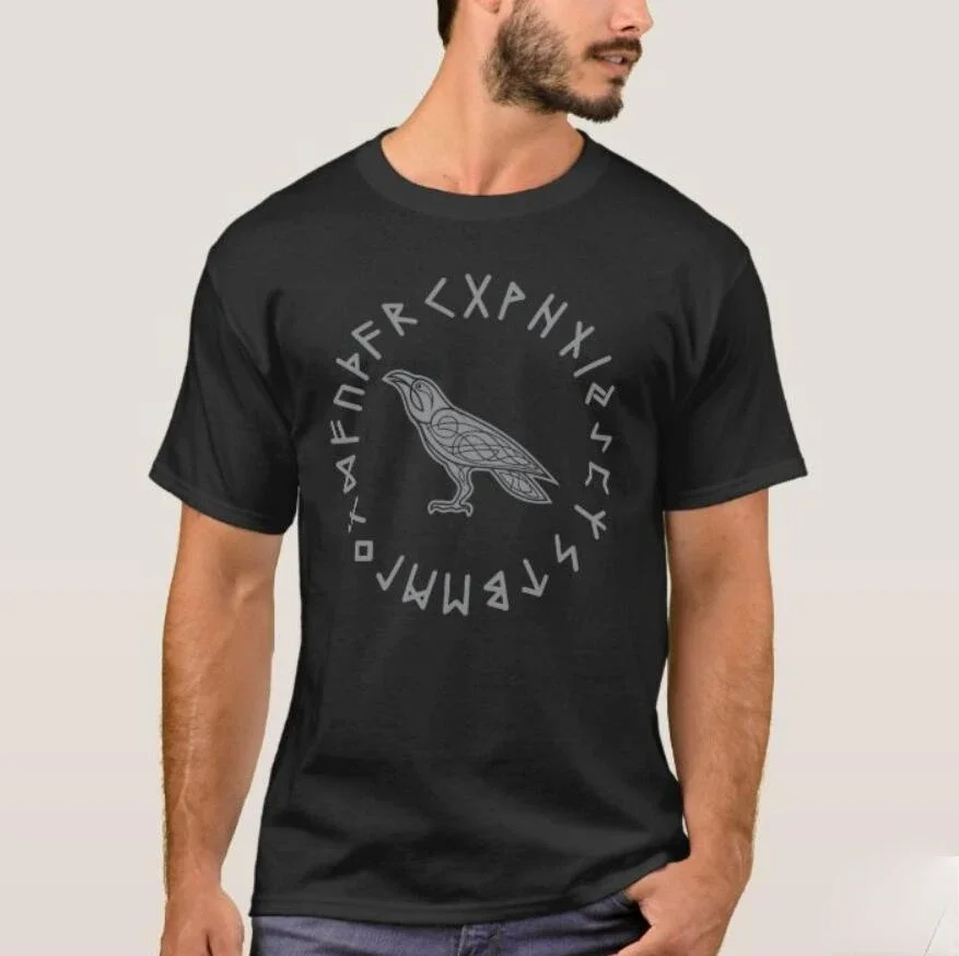 

Norse Mythology Odin Raven Crow Futhark Runes T-Shirt 100% Cotton O-Neck Summer Short Sleeve Casual Mens T-shirt Size S-3XL