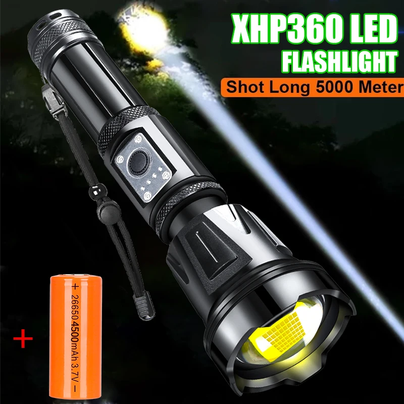 New XHP360 Super Powerful LED Flashlight Torch USB Rechargeable Tactical Flash Light 18650/26650 Waterproof Zoomable Torch