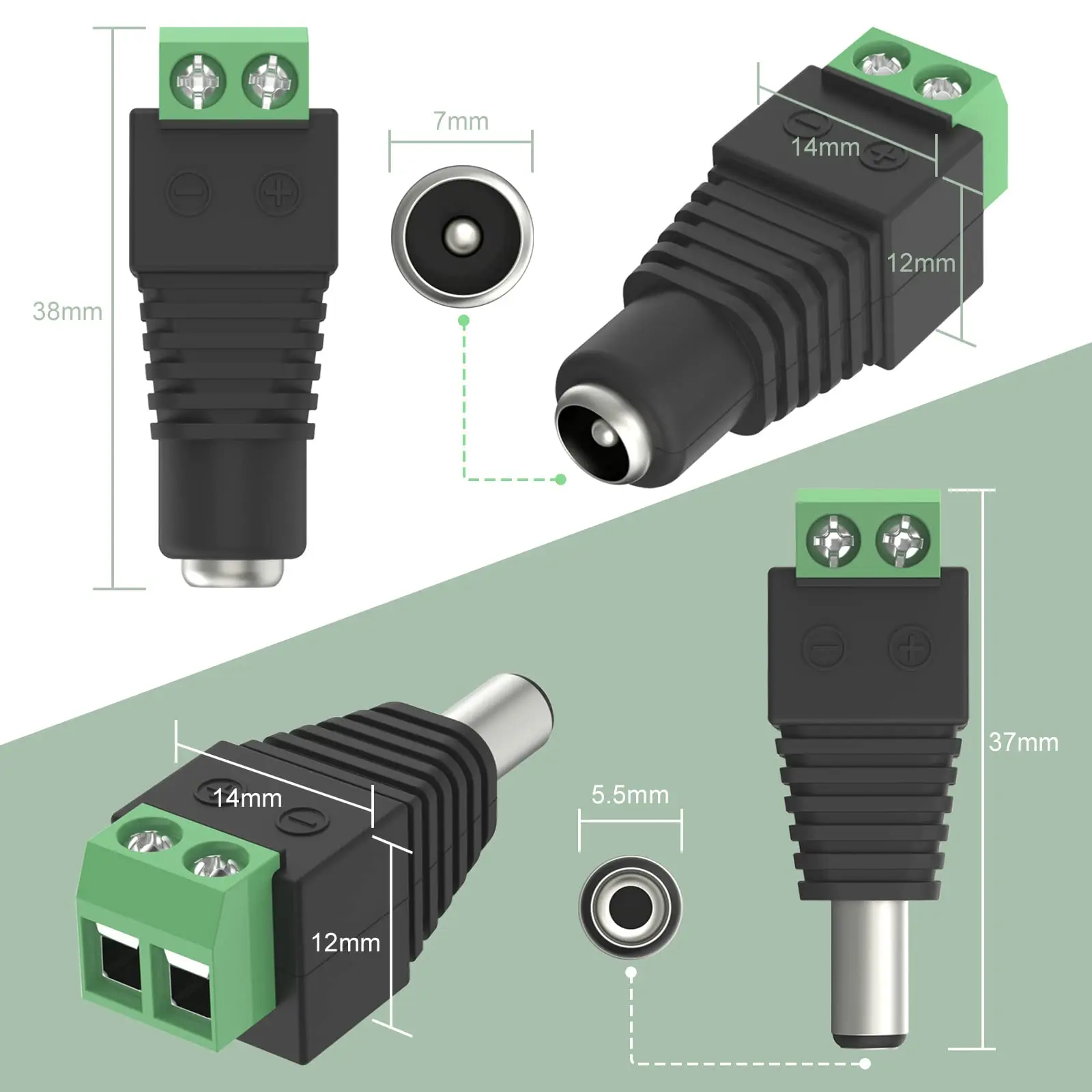 5 pairs 12V DC Power Connector 5.5mm x 2.1mm DC Power Plug Male and Female DC Connectors for LED Strip CCTV Security Camera