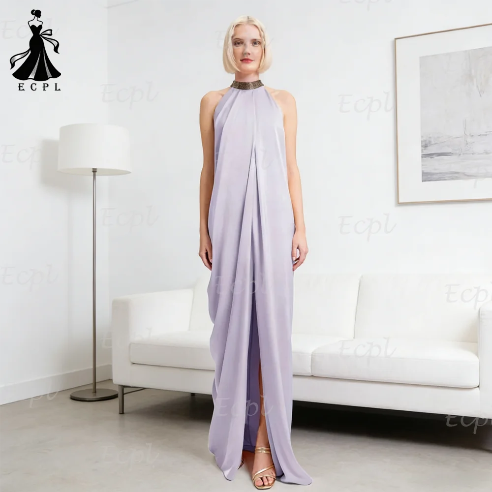 2026 nuevo vestido de noche de satén lavanda cuello Halter cuello con cuentas espalda descubierta fruncido vestidos de fiesta de graduación lado dividido para mujer personalizado2026 Nuevo vestido de noche de satén de