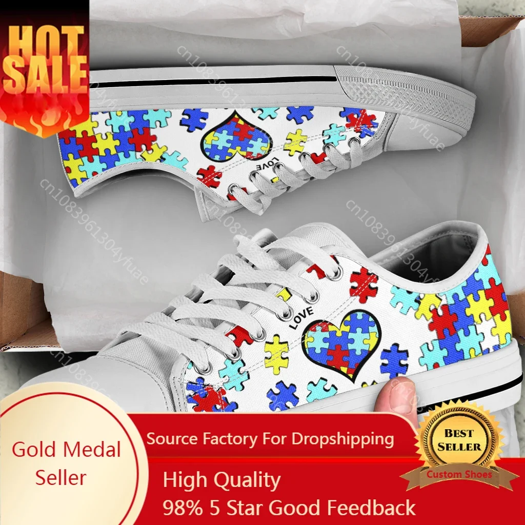 

White Autism Awareness Heart Women Shoes New Retro Lowtop Sneakers Shoes for Women Canvas Round Toe Causal Flats Shoes 2022