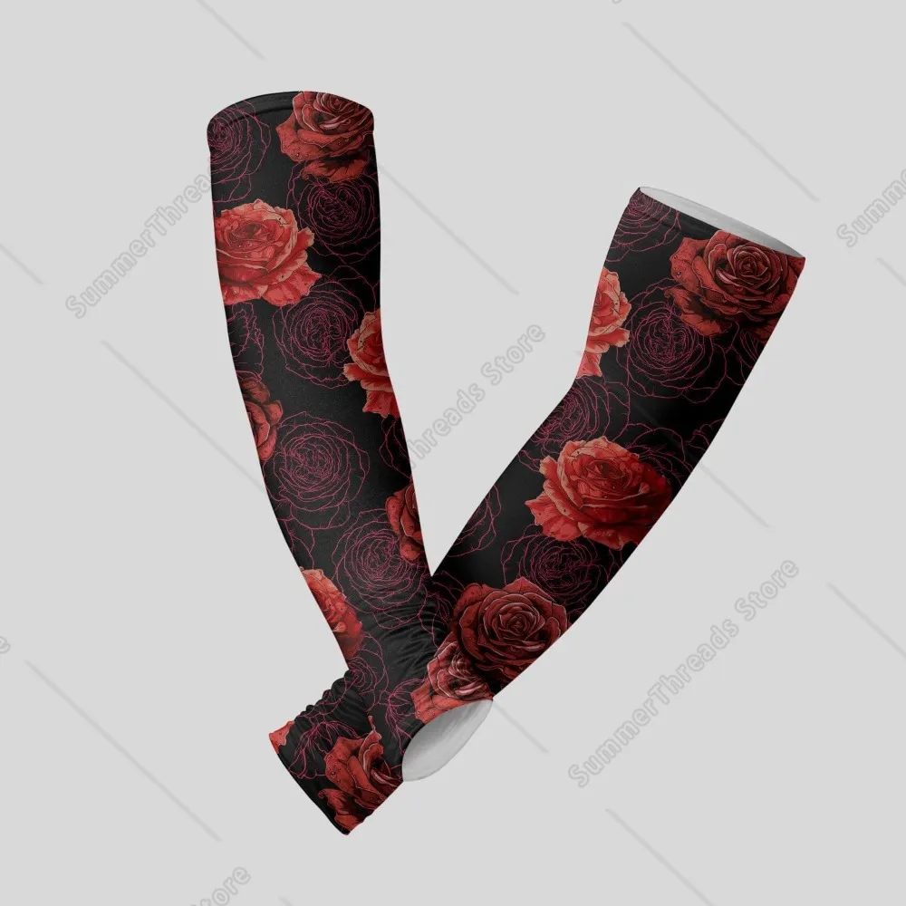 Cubierta de brazo refrescante con flor de rosa roja para hombres y mujeres - Mangas de brazo con protección solar ultravioleta para conducir con el dedo
