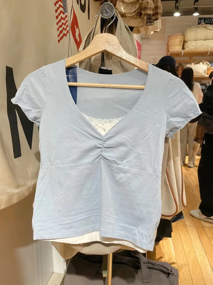 Sweet Blue Folds V Neck Slim T Shirt Women Spring Casual Cotton Short Sleeve Tees Solid Vintage Simple Basic T Shirt Y2k Tops