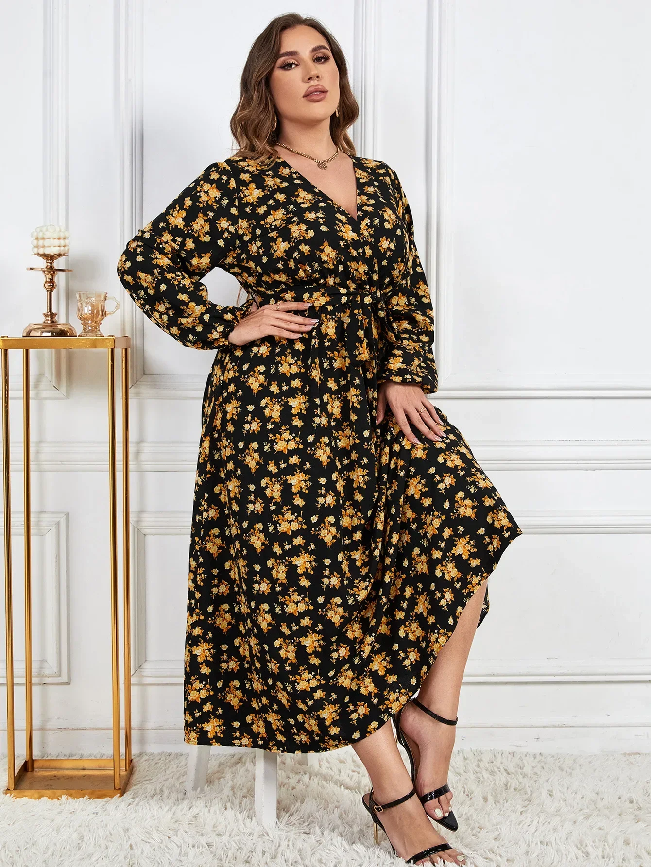 Plus Size Wrap V Neck Women\'s Long Sleeve Dress Drawstring Waist Belt Robe Floral Print Female Autumn Fall Elegant Clothing