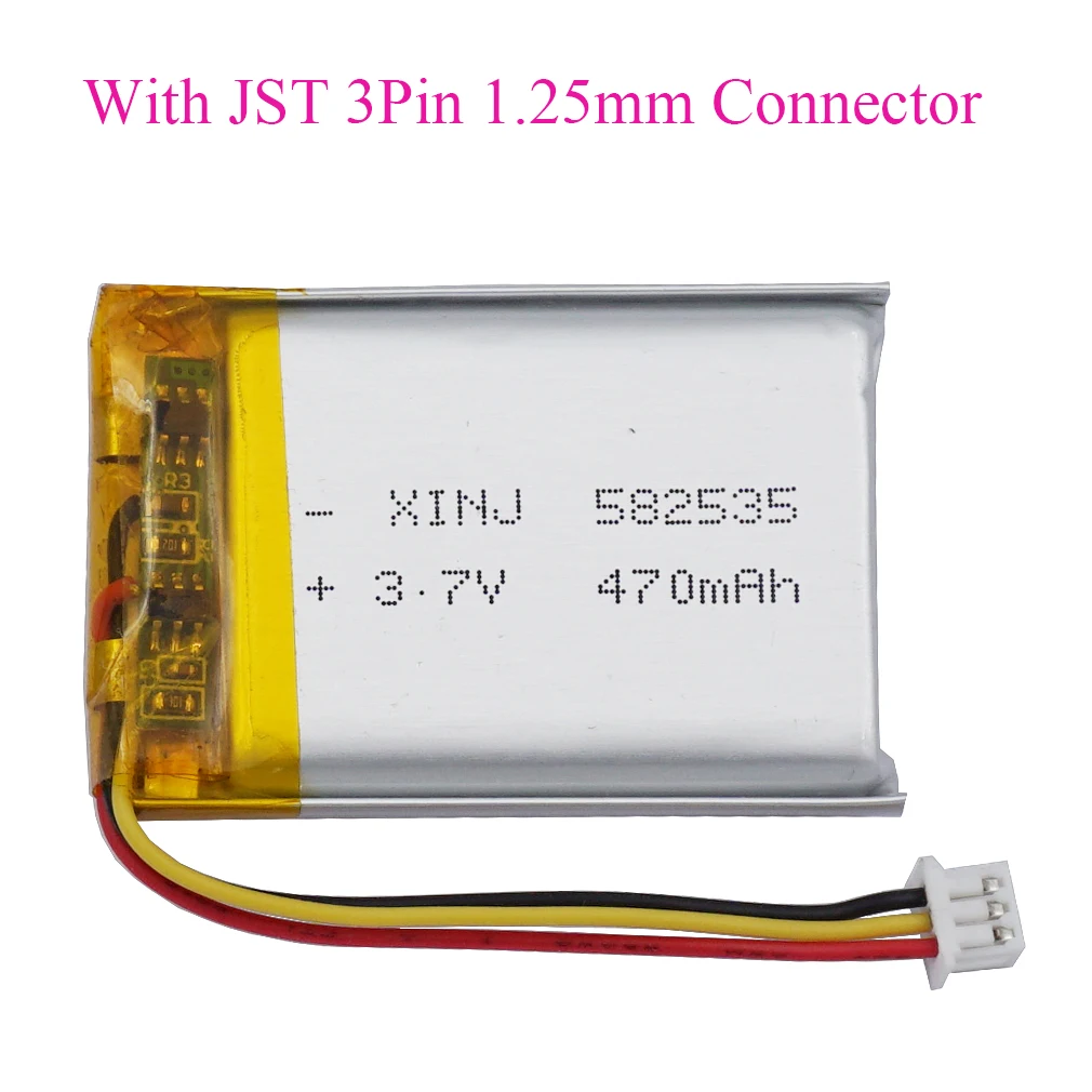 3.7V 470mAh 1.74Wh Li-Polymer Li Battery JST 3pin 1.25mm Connector 582535 For Car Camera Sat Nav Driving Recorder Headphone