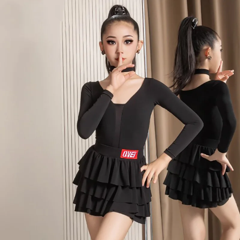 Costumes de danse latine pour enfants, body à manches longues et jupes de gâteau d'entraînement, vêtements de danse Rumba pour salle de bal