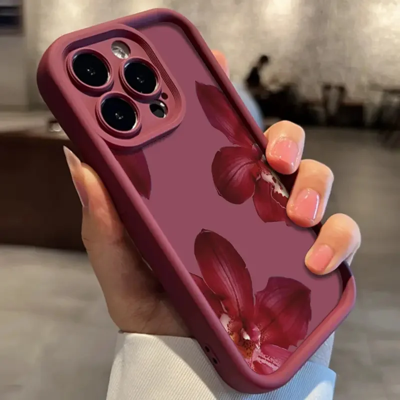 Wine Red Orchid Flower Pattern Phone Case For iPhone 11 12 13 14 15 16 Pro Max 16E XS Max XR 14 15 16 Plus Silicone Soft Cover - view 3