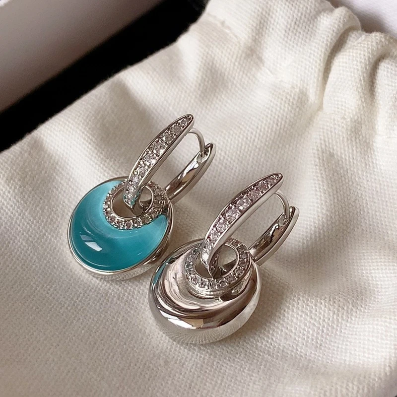 AB Asymmetrical Blue Cat Eye Stone Earrings Luxury High End Fashion Design Exquisite All-match Ear Buckle Gift