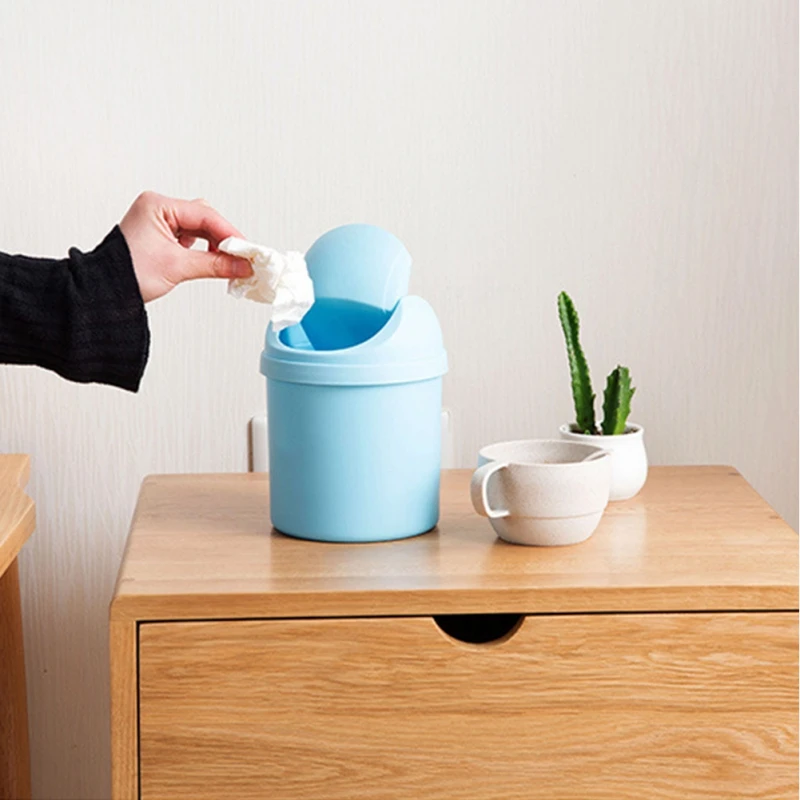 Mini Waste Bin Trash Cans Desktop Garbage Basket Table Roll Swing Lid Small Scissors Pencil Household Office Storage Accessories