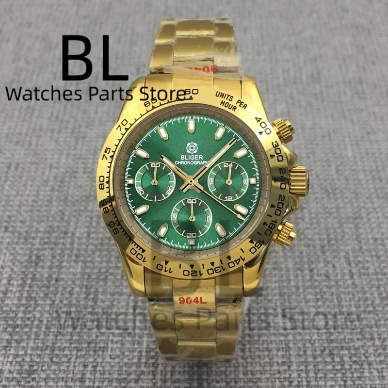 

BLIGER 39mm Luxury VK63 Men's Quarzt Chronograph Watch Green Dial Yellow Index Sapphire Glass Waterproof VK63 Relogio Masculino