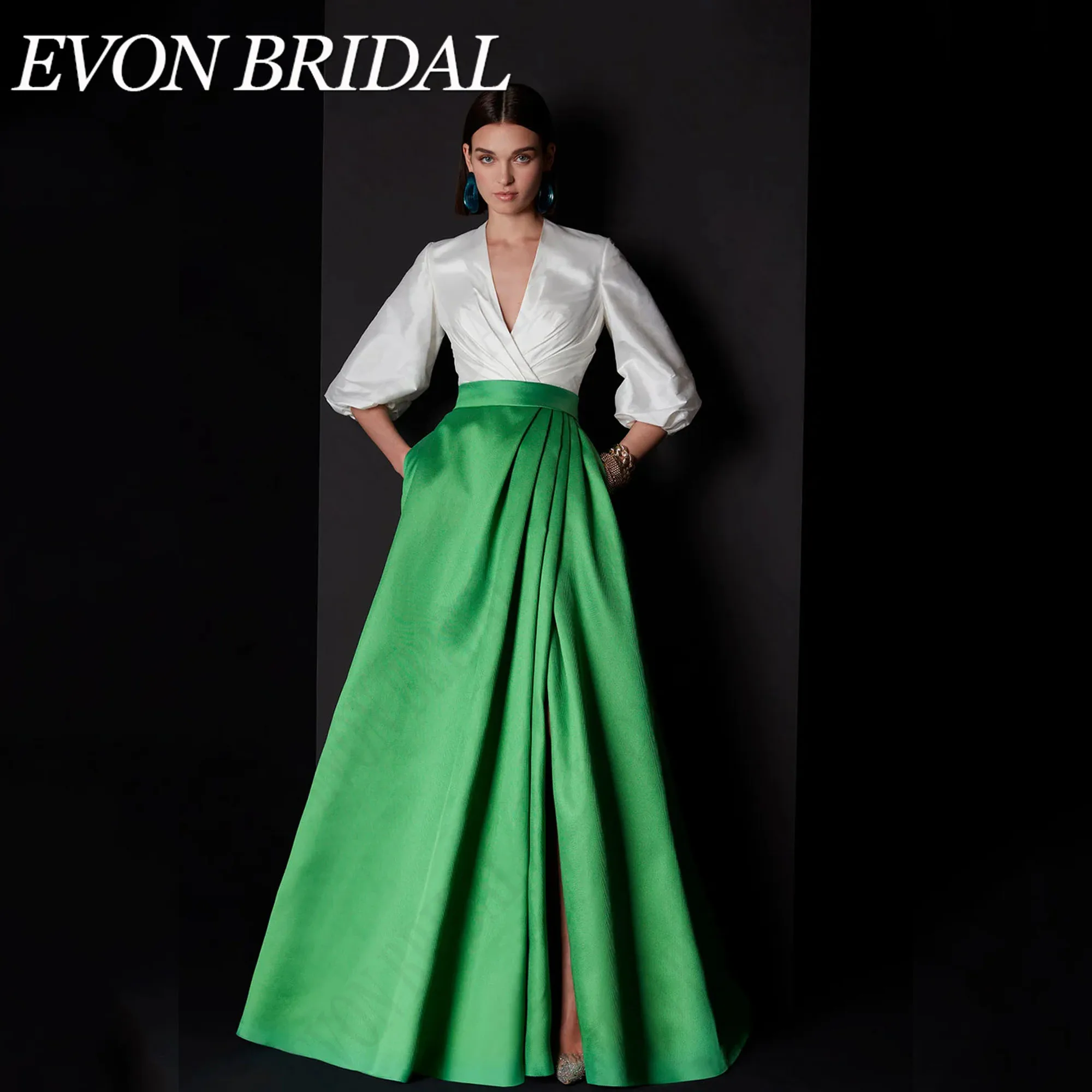 

EVON BRIDAL Contrast Color A-Line Celebrity Evening Dresses V-Neck 3/4 Puff Sleeve Satin vestidos de noche Side Slit Customized