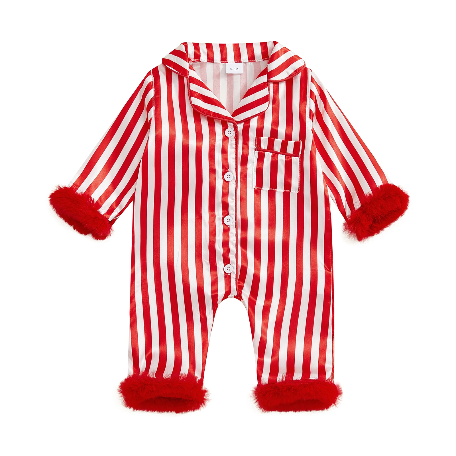 Baby Girls Pajamas, Long Sleeve Furry Patchwork Button Closure Stripes Jumpsuit Sleepwear Loungewear