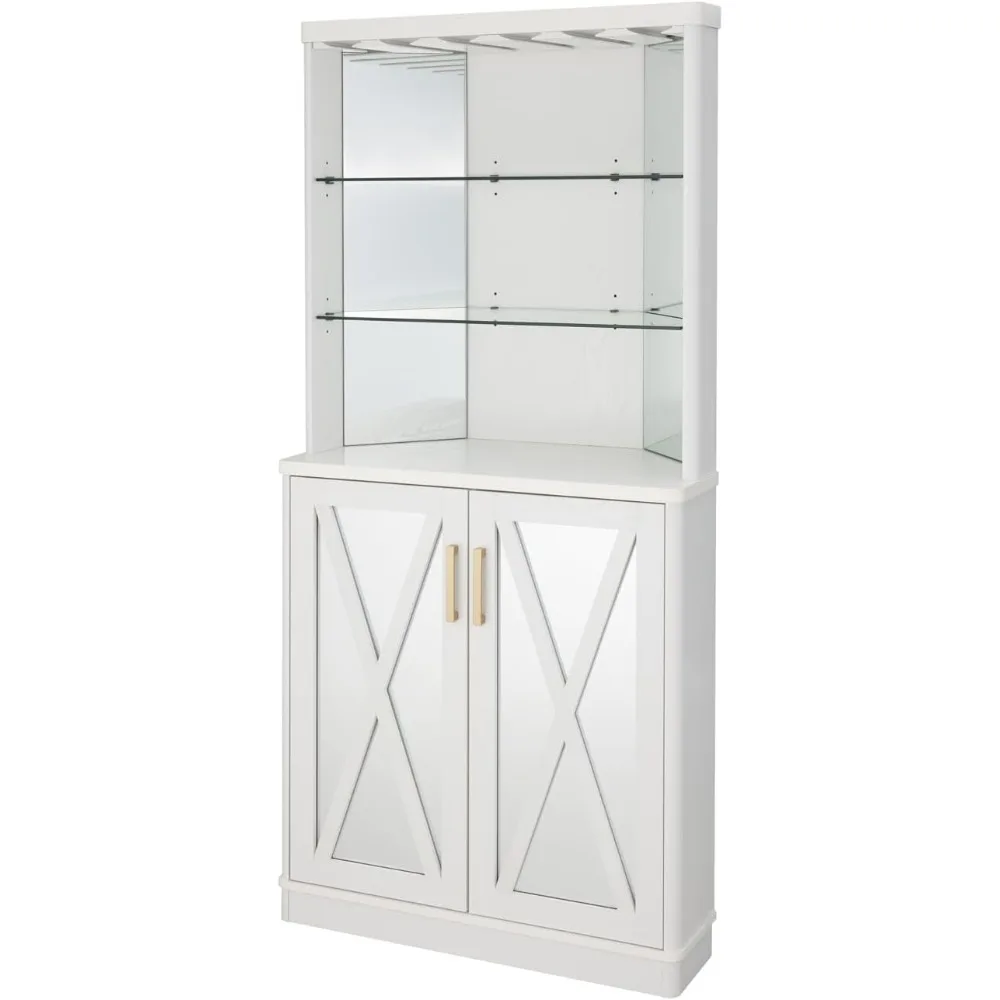 68" Tall Corner Bar Cabinet with Wine Rack, Glass Liquor Shelves, Large Coffee Table, Kitchen Storage with Glass Doors