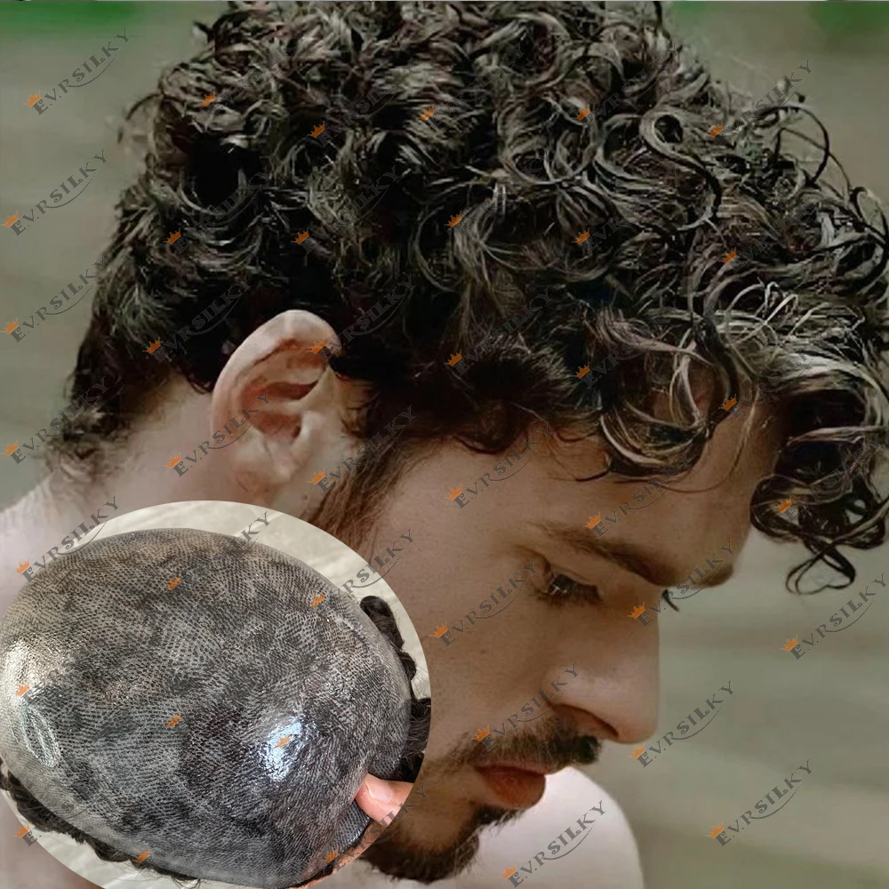 

Men's 25mm Curly Hairstyle Dark Brown Blonde Gray 1B65 1B80 Full Thin Pu 100% Human Hair Toupee HD Poly Skin Systems Hairpieces