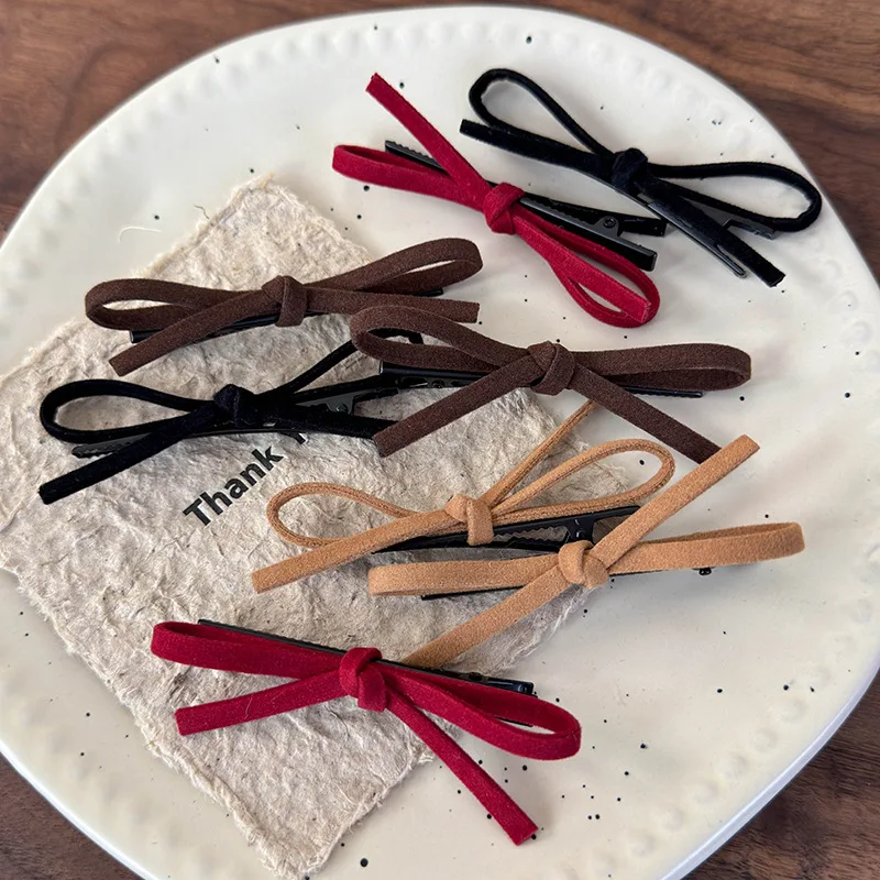 New Suede Red Bow Hair Clips Bangs Clip Headband For Girls Sweet Hairpin Children Cute Barrettes Woman Fashion Hair Accessories