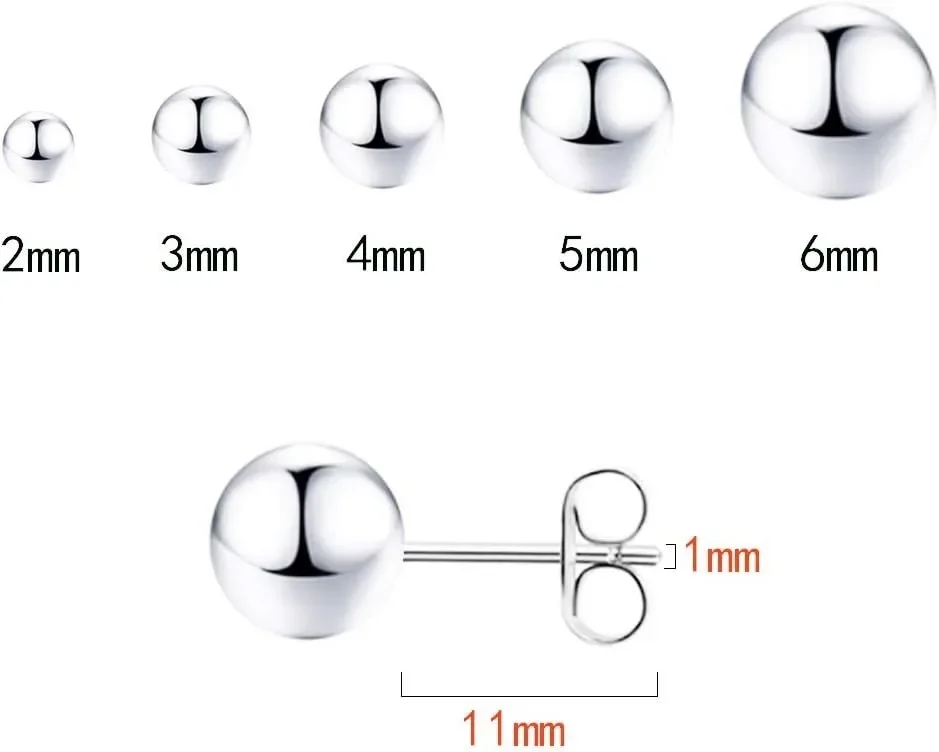 925 Sterling Silver Stud Earrings for Women Sterling Silver Earrings Multiple Piercings 5 Pairs Earrings Set 2mm 3mm 4mm 5mm 6mm