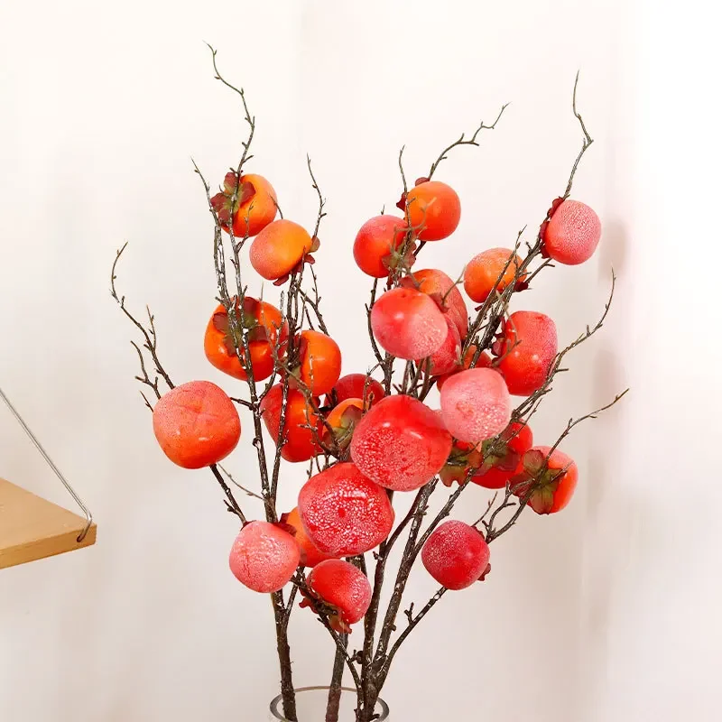 96CM  Frost-tipped Artificial Persimmon Branch Realistic Simulated Plant for Traditional Chinese Themed Decor