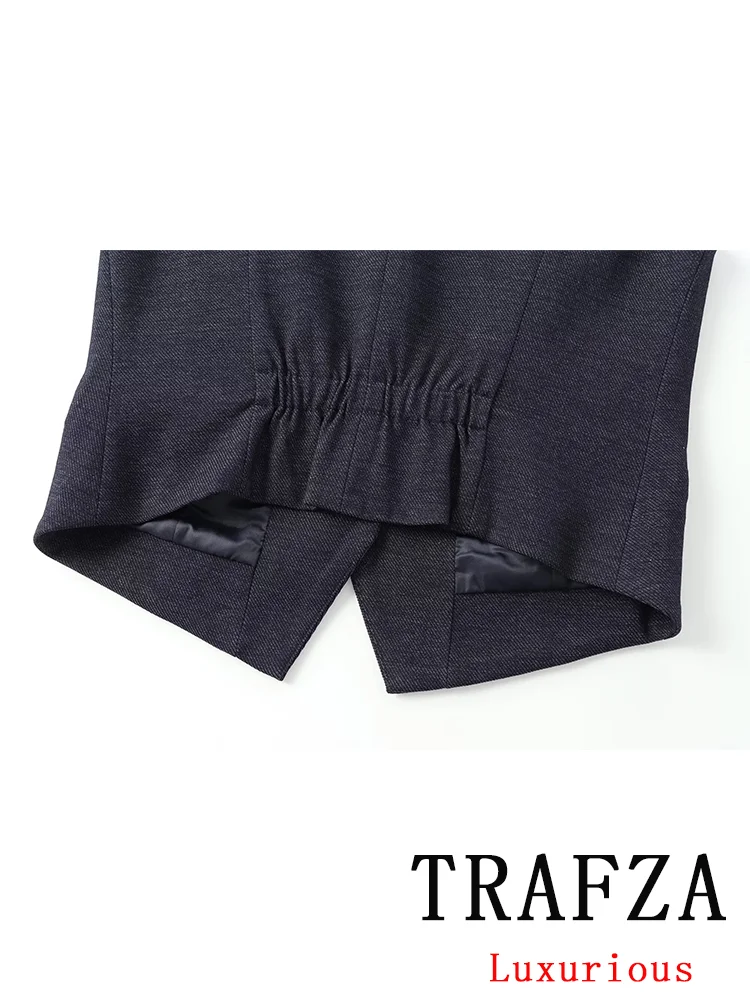 TRAFZA Vintage Casual Chic Solid Women Suit VNeck Short Single Breasted Top Loose Long Zipper Pants New Fashion 2024 Autumn Suit