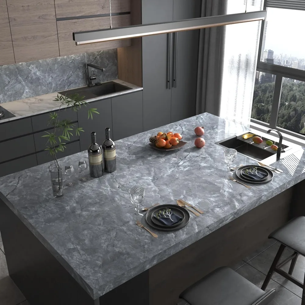 ورق اتصال رخامي رمادي - فينيل ذاتي اللصق مقاوم للماء لجدران المطبخ - قابل للإزالة وسهل الاستخدام