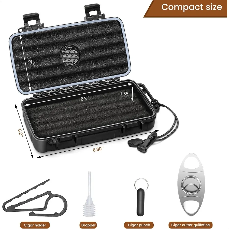 Flau Travel Cigar Humidor Case Portable Cigar Box kit with Humidifier Disc Cigar Cutter Cigar Punch Cigar Holder Dropper Waterp