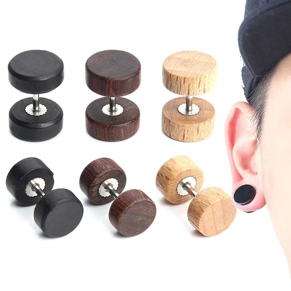 パンクステンレス鋼両面天然木男性女性ボディジュエリーバーベル耳スタッド抗アレルギー