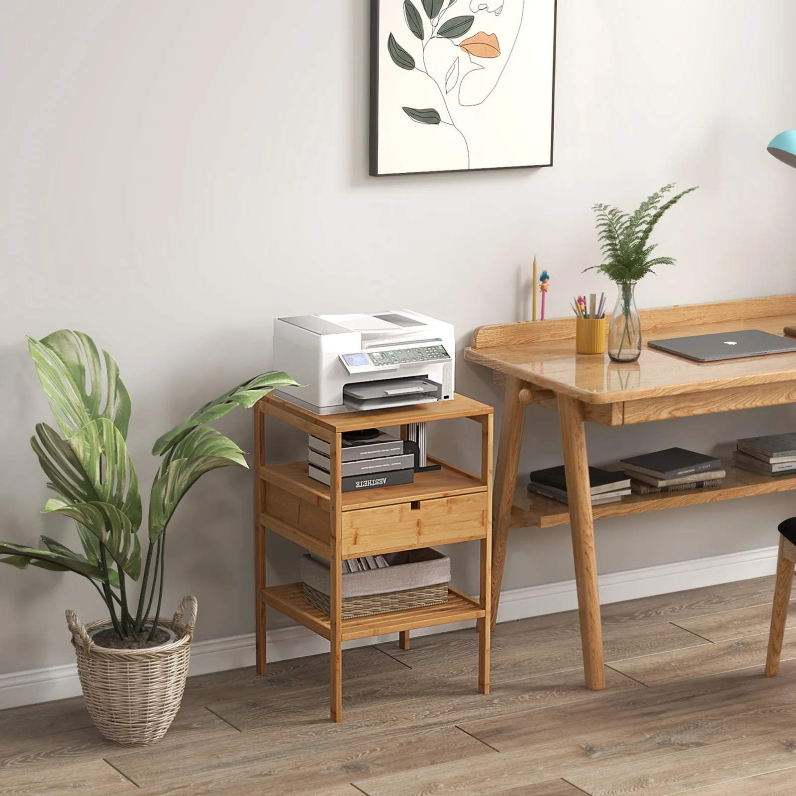 Nightstands de bambu com gaveta pull-out, prateleira de madeira natural, conjunto de 2