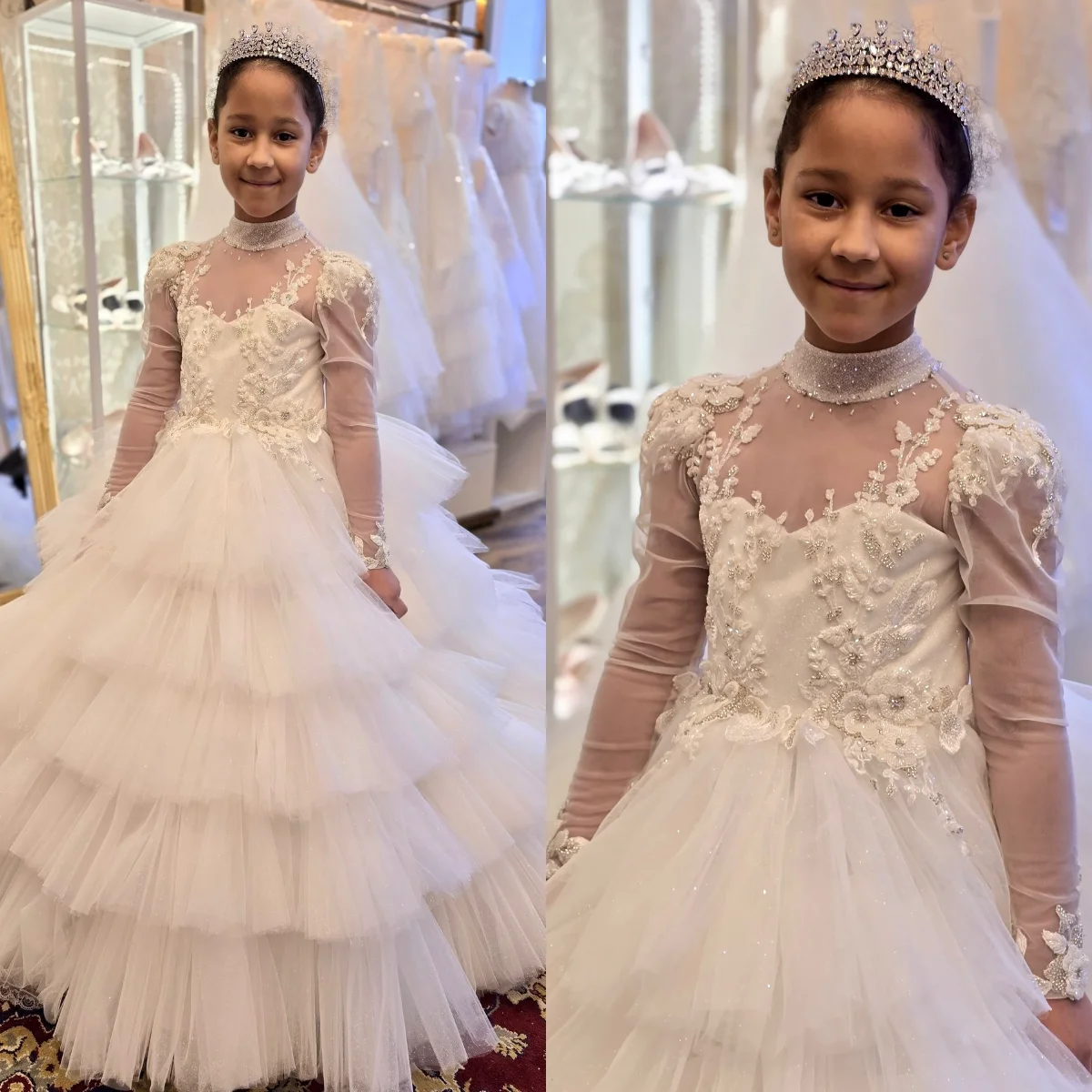 

Princess Flower Girl Dresses For Wedding High Neck Long Sleeve Kids Birthday Gowns Customized Baby First Communion Dress