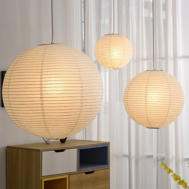 Nordic Wabi Sabi Wind Round Rice Paper Led Pendant Lights Living Dining Room Bedroom Loft Restaurant Bar Home Decor Chandelier