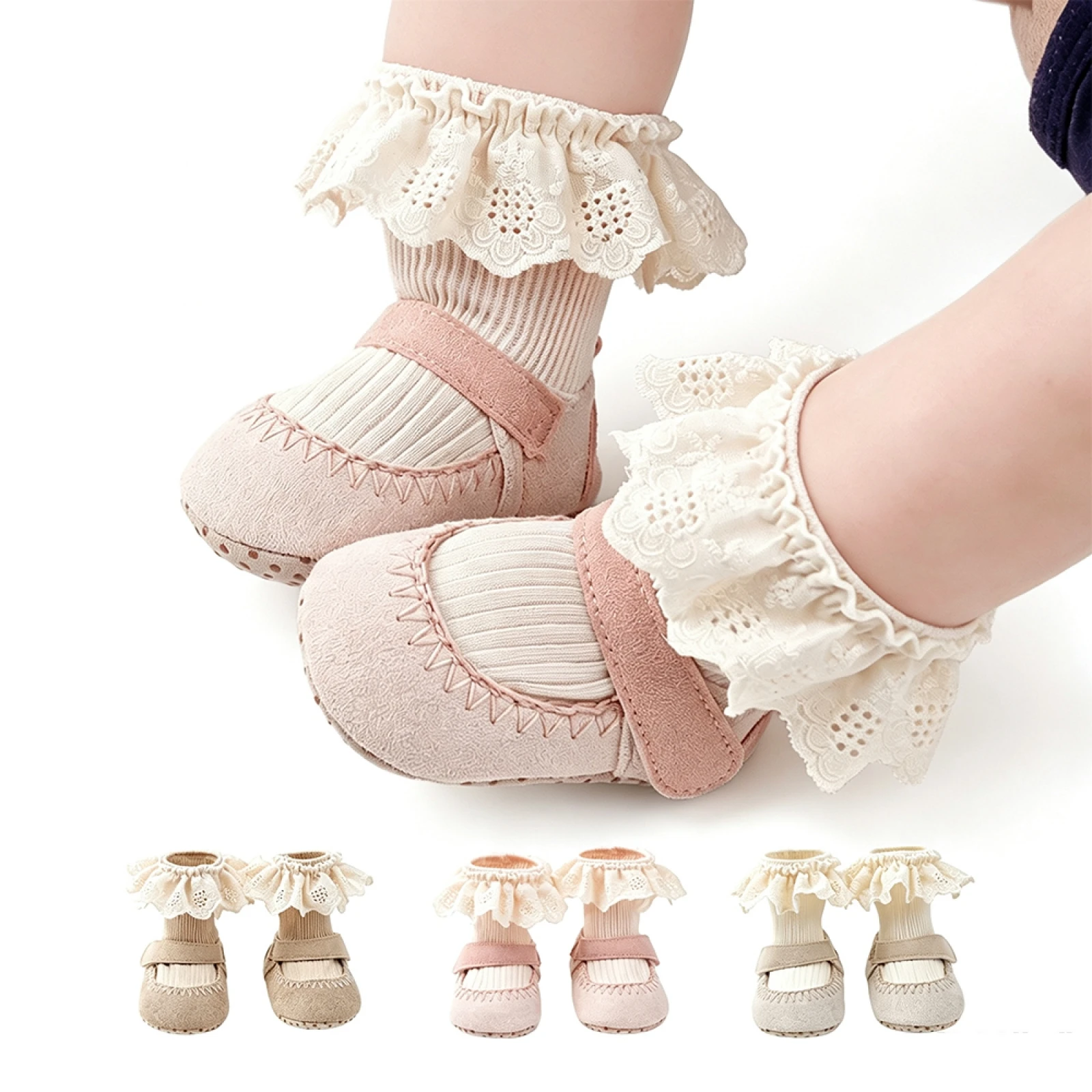 Infant Baby Sock Booties Ruffle Lace Soft Sole Non Slip Walking Socks Shoes