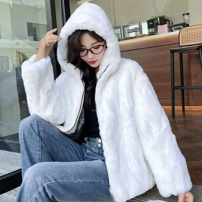 Abrigo de Piel de Conejo Rex Auténtico para Mujer, Estilo con Capucha y Cremallera, Ajuste Holgado, Talla Grande, Chaqueta de Piel y Cuero Integrados, con Capucha de Piel Esponjosa