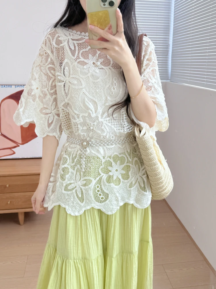 

Летний новый топ Amy2025 с круглым вырезом, ажурной вязкой и кружевом, уникальный, индивидуальный, женский, в корейском стиле, свободный, с рукавами-фонариками